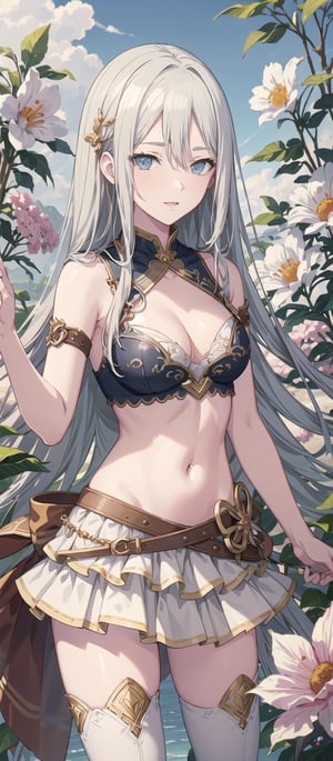 masterpiece, illustration, semi-anime, best detailed, Clear picture, 8K,  beautiful face, looking at viewer ,(masterpiece, high quality:1.2),
Short Skirt, navel, medium_breasts, narrow waist, garden, lustrous skin, leaning, cleavage, blonde_hair, happy ,sexy, thigh high, long hair, bare_shoulders, bikini,