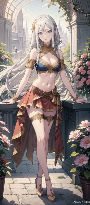 masterpiece, illustration, semi-anime, best detailed, Clear picture, 8K,  beautiful face, looking at viewer ,(masterpiece, high quality:1.2),
Short Skirt, navel, medium_breasts, narrow waist, garden, lustrous skin, leaning, cleavage, blonde_hair, happy ,sexy, thigh high, long hair, bare_shoulders, bikini,