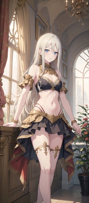 masterpiece, illustration, semi-anime, best detailed, Clear picture, 8K,  beautiful face, looking at viewer ,(masterpiece, high quality:1.2),
Short Skirt, navel, medium_breasts, narrow waist, garden, lustrous skin, leaning, cleavage, blonde_hair, happy ,sexy, thigh high, long hair, bare_shoulders, bikini,