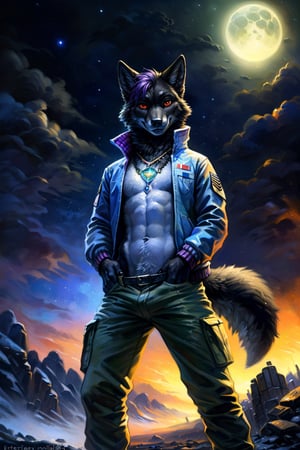 by kenket, by totesfleisch8, (by thebigslick, by silverfox5213:0.8), (by syuro:0.2), (by qupostuv35:1.2), (hi res), ((masterpiece)) , ((best quality)), illustration, furry, anthro, kemono, wolf, (black wolf, long nose), (animal ears, body fur, hand fur), 1boy, solo, purple hair, undercut, ((red eye)), looking at viewer, confident, smile , wolf boy, (((androgynous, Strong build))), young adult, (sci-fi, battlefield, alien planet in sky), (((night, cool colors)), cool jacket, army pants, medic, bare chest,  (one gem pendant), chill pose, sexy pose, furry anthropomorphic wolf, furry wolf nose, (((black fur))),belvor,Animal,yukine, charming, full body, porco_galliard, striptease