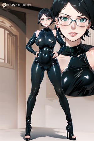 bedroom ,((best quality)),  ((highly detailed)),  masterpiece, ultra-detailed,lips:1.2,4k, 8k, uhd create ((official art)), (((green eyes))), ((((((black bodysuit latex)))))), latex ,smile, smirk, (large breasts), ((big_tits)), (big_breasts), (((full_body))), ((high_heels_boots)), (high_heels), ((sexy_pose)), (seductive_smile), (smirk), ((standing)), (((((full bodysuit))))), 1girl, (((black lips))), ((evil smile)), ((latex)), ((((detailed_face)))), evil,, ((((((full body latex)))))) ,(( Sexy High Heels Platform Boots)), black_hair, (((abs,))), ((muscles)), (((detailed))),  (((detailed_eyes))), sarada, glasses, (indoors:1.2), (royal room:1.2), (intricately detailed, hyperdetailed), blurry background,depth of field, best quality, masterpiece, intricate details, tonemapping, sharp focus, hyper detailed, trending on Artstation,1 girl,