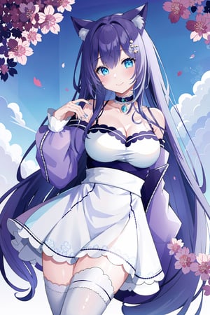 (masterpiece, best quality, highres:1.3), ultra resolution image,1 cat girl,older female,mature_female,mature body,Hair blocks the ears,Dark purple hair,light blue gradient hair,long hair,light blue eyes,cat ears,cat tail,Hair accessories,medium cleavage,bare shoulders,smile,white dress, wonderland, sunlight, flowers, colorful, hold white flowers, dreamy,mature female,Light blue eyes