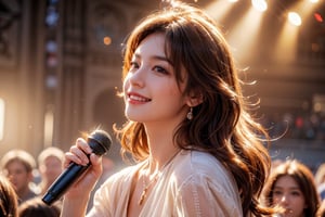 extremely realistic, best quality,masterpiece,super detailed,High detail RAW photo,professional photograph,ultra-detailed,unity,8k wallpaper,extremely detailed CG,extremely detailed,extremely detailed,Amazing,finely detail,official art,High quality texture,highres concert venue, concert singer, brown_hair/brown_eyes,long_hair,dynamic pose, light smile, See_Through