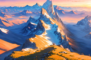 (best quality, 8K, ultra-detailed, masterpiece), (ultra-realistic, photorealistic), Immerse yourself in the breathtaking beauty of an 8K masterpiece showcasing a majestic mountain range entirely composed of shimmering crystal, aglow under the setting sun's gentle caress, casting the heavens into a canvas of pink and orange hues.