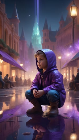 A small child made of glass sitting and looking sadly at a puddle of water in a melancholic plaza in a late renaissance city at night, distant explosions and purple lasers, muted colors, detailed intricate render, dark atmosphere, detailed illustration, hd, 4 k, digital art, overdetailed art, by greg rutkowski, by loish, complementing colors, trending on artstation, deviantart