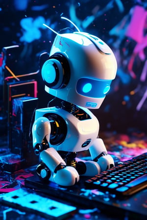 (8k uhd, masterpiece, best quality, high quality, absurdres, ultra-detailed, detailed background), (data moshing:1.5), (science fiction:1.4), (beautiful, aesthetic, perfect, delicate, intricate:1.2), build a robot mascot for Tensor Art by Shunkaha, (cute, smile, his electronic brain is visible), (base color: white, black, light blue), (TA_logo_on_his_chest:1.5), a computer_keyboard is laying on the ground, (a big screen on the background, Tensor Art logo on the screen, graffiti, spray paint can, dripping paint), action pose,dripping paint,neon photography style,abstact