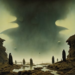 a group of characters with their entire faces and heads resembling different planet and moons, complete with eyes, mouths, and noses connected to their human bodies. Each character wears flowing, diaphanous garments that seem to billow and ripple unnaturally in the dense fog. The characters move with an eerie precision, adding to the sense of uncanny stillness. Their planet-shaped heads emit a faint, ghostly glow that casts eerie reflections on the ground, creating a surreal and unsettling contrast with the desolate, fog-shrouded landscape. Twisted, gnarled trees loom in the background, their branches reaching out like skeletal fingers, enhancing the overall feeling of foreboding and unease, Movie Still