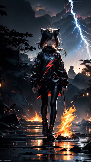 (masterpiece, top quality, best quality, official art, beautiful and aesthetic:1.2), (1girl), extreme detailed,cat ears, two long ponytails, isometric, highest detailed, (fire_color_lime ),( water, ice), (((lightning))), ghost, fullbody,human on fire