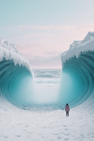 A person is standing near an underground snowy ocean, in the style of matte painting, tumblewave, pastel palette artworks, realistic cinema4d, bold landscapes, magewave, (ultra luminist landscapes)