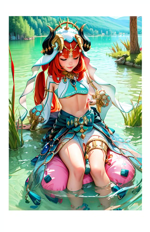 (masterpiece, best quality, realistic, photoshop, illustration)   1girl,nilou (genshin impact),nilou_genshin,long_hair, red_hair, horns, bangs, veil, jewelry, fake_horns, breasts, twintails, smile, blush, parted_bangs, brooch, aqua_eyes,shiny skin,flying_waterballs,circlet, harem_outfit, bracer, neck_ring, medium_breasts, low_twintails, closed_mouth,abs,(lake_background:1.2)