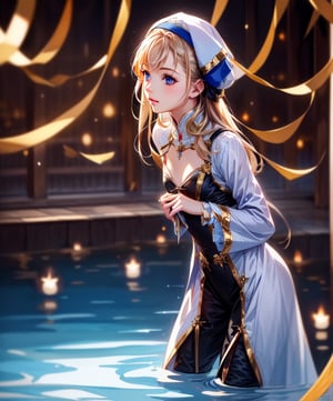 (masterpiece, best quality:1.3, ultra-realistic, 8k, photoshop, realistic illustration) 1girl, young girl,small girl,loli, flat chest, cleavage,nun dress, skinny, golden hair, blue eyes,fountain,old town background