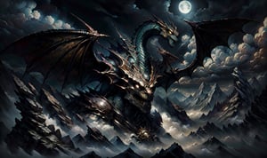 masterpiece, best quality:1.3, ultra-realistic:0.8, 8k, photoshop, realistic illustration)Mountain peak, clouds, monster, dragon flying, moon:1, dark environment