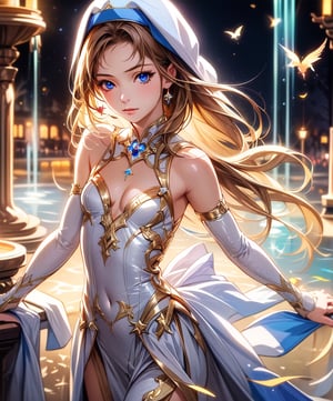 (masterpiece, best quality:1.3, ultra-realistic, 8k, photoshop, realistic illustration) 1girl, young girl,small girl,loli, flat chest, cleavage, latex,nun dress, skinny, golden hair, blue eyes,fountain,