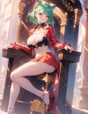 (masterpiece, best quality:1.3, ultra-realistic, 8k, photoshop, realistic illustration,) 1girl, pale skin, skinny, red skirt,latex clothes, cleavage, abs, big breasts, big thighs, green hair, red eyes, throne,clastle room,Nagatiti,paw print,1 girl