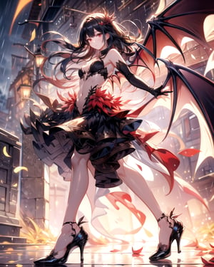 (masterpiece, best quality:1.3, ultra-realistic, 8k, photoshop, realistic illustration,) 1girl,medieval town, dragon wings ,dragon tail,light skin,reflection,black dress, shiny skin,sunshine ,rain, flames, w arms,stomach,stocking, heels,medium breasts, black hair, pale skin,, long gloves, dance pose,