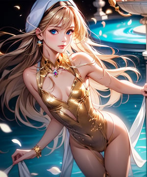 (masterpiece, best quality:1.3, ultra-realistic, 8k, photoshop, realistic illustration) 1girl, young girl,small girl,loli, flat chest, cleavage, latex,nun dress, skinny, golden hair, blue eyes,fountain,