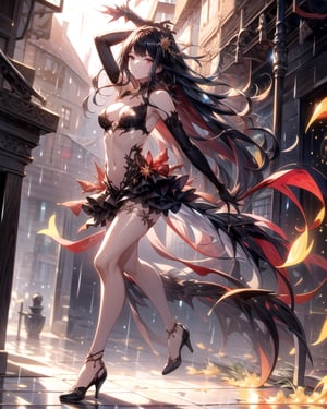 (masterpiece, best quality:1.3, ultra-realistic, 8k, photoshop, realistic illustration,) 1girl,medieval town, dragon tail,light skin,reflection,black dress, shiny skin,sunshine ,rain, flames, w arms,stomach,stocking, heels,medium breasts, black hair, pale skin,, long gloves, dance pose,