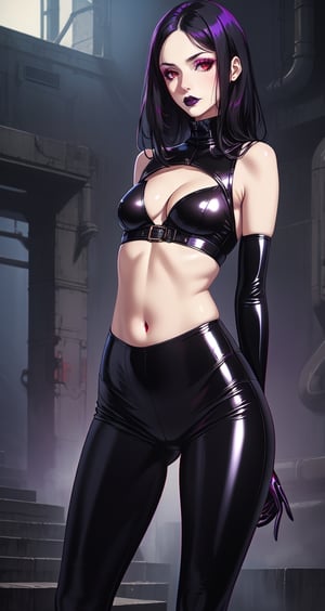 (masterpiece, best quality, realistic, photoshop, illustration)1girl,skinny,flat chest,hair tips purple,black hair, red eyes,dark makeup,skinny thighs,latex clothes,leggings,navel,cleavage,sexy pose