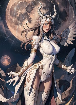 (masterpiece, best quality, realistic, photoshop, illustration)1girl,skinny,big breasts, skinny legs,brown skin,darkskin, horns,detailed ,lighting skin,demon girl, wings,cave,black feathers,lights around,full moon,two moons,a blue moon and red moon,open legs,space, void, planets