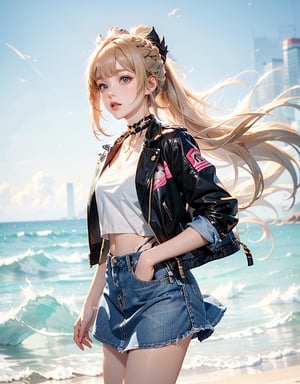 (masterpiece, best quality:1.3, ultra-realistic, 8k,photoshop,realistic,illustration)1girl blonde_hair braid braided_ponytail choker cowboy_shot crop_top cropped_jacket wather_floating ocean denim denim_skirt grey_background jacket long_hair looking_at_viewer miniskirt  pink_choker pink_jacket shirt skirt solo very_long_hair beach_background white_shirt Kokomi,ASU1