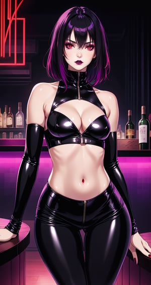 (masterpiece, best quality, realistic, photoshop, illustration)1girl,skinny,flat chest,purple tip hair ,black hair, red eyes,dark makeup,got style,skinny thighs,latex clothes,leggings,navel,cleavage,sexy pose,bar background