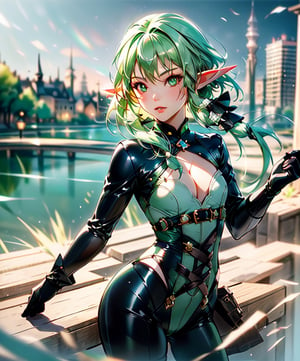 (masterpiece, best quality:1.3, ultra-realistic, 8k, photoshop, realistic illustration) 1girl, elf,young girl,small girl,loli, flat chest, cleavage, latex suit, skinny, green hair, green eyes, lake, city background,beautiful_lolita_girl,1girl