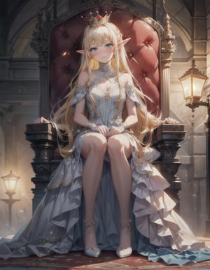 (masterpiece, best quality:1.3, ultra-realistic, 8k, photoshop, realistic illustration,) 1girl, pale skin, skinny, blush, shiny hair,light,crown ,dust particles,yellow hair,princess dress, blue eyes, elf, throne, white  room, red rug, lamps, ,FFIXBG