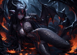 (masterpiece,  best quality,  ultra
-realistic,8k,photoshop)black demon dragon lord girl, scales on hand and foots,realistic skin, shiny colors,glass skin , clawed hands, big breasts, naked, reptile eyes, volcan, magma coming out of the ground, black sky, abyss void background,(FlamePrincess),mgedemon