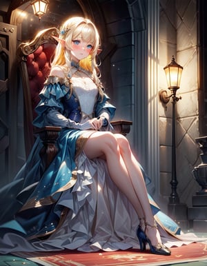 (masterpiece, best quality:1.3, ultra-realistic, 8k, photoshop, realistic illustration,) 1girl, pale skin, skinny, blush, shiny hair,light, ,dust particles,yellow hair,princess dress, blue eyes, elf, throne, white  room, red rug, lamps, ,FFIXBG