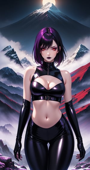 (masterpiece, best quality, realistic, photoshop, illustration)1girl,skinny,flat chest,purple tip hair ,black hair, red eyes,dark makeup,got style,skinny thighs,latex clothes,leggings,navel,cleavage,sexy pose,mountain at night