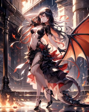 (masterpiece, best quality:1.3, ultra-realistic, 8k, photoshop, realistic illustration,) 1girl,medieval town, dragon wings ,dragon tail,light skin,reflection,black dress, shiny skin,sunshine ,rain, flames, w arms,stomach,stocking, heels,medium breasts, black hair, pale skin,, long gloves, dance pose,