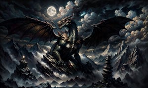 masterpiece, best quality:1.3, ultra-realistic:0.8, 8k, photoshop, realistic illustration)Mountain peak, clouds, monster, dragon flying, moon:1, dark environment