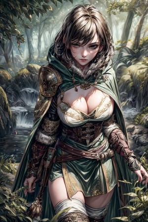 (masterpiece,  best quality,  realistic)1girl, solo,brown hair, black eyes, hunter pose, medieval hunter clothes, green cape, brown clothes, ornaments white, large breasts, cleavage, thigh highs, arrows, golden longbow, golden particles underground, forest underground, sunshine, light green under yards,nargacuga armor,kirin armor,(paper cup),Medieval 