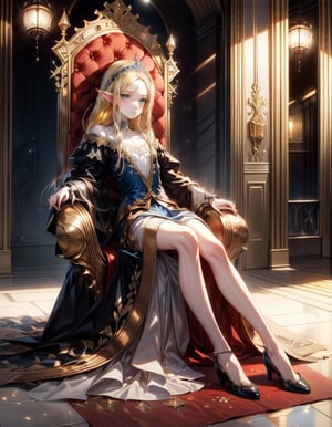(masterpiece, best quality:1.3, ultra-realistic, 8k, photoshop, realistic illustration,) 1girl, pale skin, skinny, yellow hair,princess dress, blue eyes, elf, throne, white  room, red rug, lamps, 
,lenore,art_deco_fusion