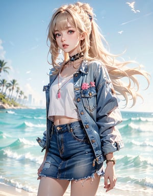 (masterpiece, best quality:1.3, ultra-realistic, 8k,photoshop,realistic,illustration)1girl blonde_hair braid braided_ponytail choker cowboy_shot crop_top cropped_jacket wather_floating ocean denim denim_skirt grey_background jacket long_hair looking_at_viewer miniskirt  pink_choker pink_jacket shirt skirt solo very_long_hair beach_background white_shirt Kokomi,ASU1