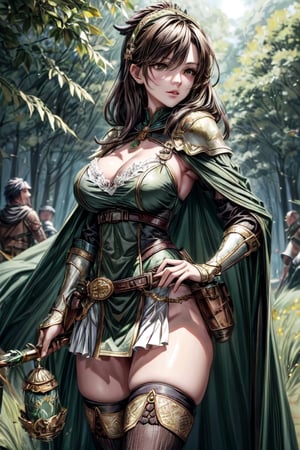 (masterpiece,  best quality,  realistic)1girl, solo,brown hair, black eyes, hunter pose, medieval hunter clothes, green cape, brown clothes, ornaments white, large breasts, cleavage, thigh highs, arrows, golden longbow, golden particles underground, forest underground, sunshine, light green under yards,nargacuga armor,kirin armor,(paper cup)