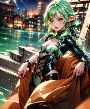 (masterpiece, best quality:1.3, ultra-realistic, 8k, photoshop, realistic illustration) 1girl, elf,young girl,small girl,loli, flat chest, cleavage, latex suit, skinny, green hair, green eyes, lake, city background,beautiful_lolita_girl,1girl