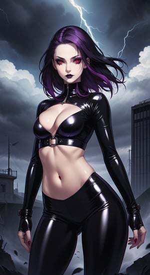 (masterpiece, best quality, realistic, photoshop, illustration)1girl,skinny,flat chest,purple tip hair ,black hair, red eyes,dark makeup,gothic ,skinny thighs,latex clothes,leggings,navel,cleavage,sexy pose,dark clouds behind,flying,sky, storm