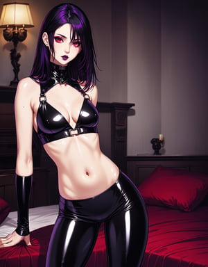 (masterpiece, best quality, realistic, photoshop, illustration)1girl,skinny,flat chest,purple tip hair ,black hair, red eyes,dark makeup,got style,skinny thighs,latex clothes,leggings,navel,cleavage,sexy pose,bedroom