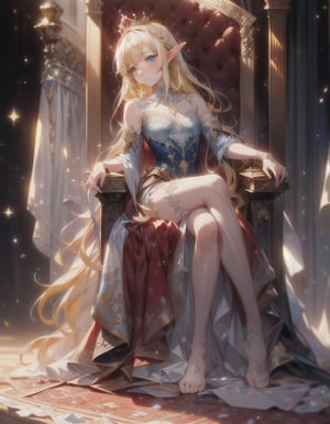 (masterpiece, best quality:1.3, ultra-realistic, 8k, photoshop, realistic illustration,) 1girl, pale skin, skinny, blush, shiny hair,light,crown ,dust particles,yellow hair,princess dress, blue eyes, elf, throne, white  room, red rug, lamps, ,FFIXBG