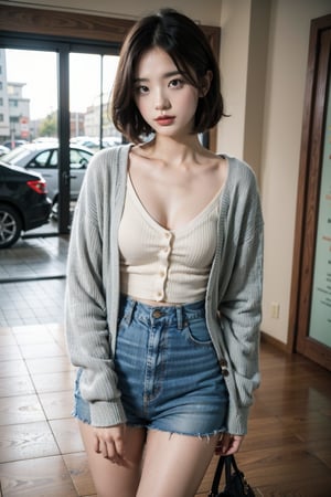 (photorealistic, raw photo:1.2), hyperrealism, ultra high res, Best quality, masterpiece, 8k, bright backlighting, realistic light, 
a korean 18 years girl, delicate facial features, full body shot, 
racy pose, small smile, The woman in the photo is wearing a casual yet chic ensemble. She has on a cropped, long-sleeve, ribbed cardigan in a soft mint green, which is fitted to highlight her silhouette. The cardigan has a V-neckline and a button-up front, adding a classic touch to the modern crop style. Paired with this, she’s wearing high-waisted skinny jeans in a light blue wash, which are snug from the hip through to the ankle, emphasizing a sleek, streamlined look. Completing the outfit, she has on pointed nude heels, which add an elegant and lengthening effect to her legs. The overall outfit is a blend of comfort and sophistication, suitable for a casual day out or a semi-casual event, 
summer street, daytime