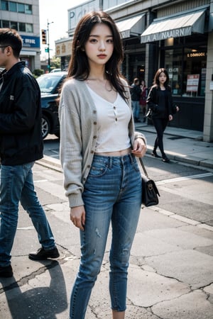 (photorealistic, raw photo:1.2), hyperrealism, ultra high res, Best quality, masterpiece, 8k, bright backlighting, realistic light, 
a korean 18 years girl, delicate facial features, full body shot, 
racy pose, small smile, The woman in the photo is wearing a casual yet chic ensemble. She has on a cropped, long-sleeve, ribbed cardigan in a soft mint green, which is fitted to highlight her silhouette. The cardigan has a V-neckline and a button-up front, adding a classic touch to the modern crop style. Paired with this, she’s wearing high-waisted skinny jeans in a light blue wash, which are snug from the hip through to the ankle, emphasizing a sleek, streamlined look. Completing the outfit, she has on pointed nude heels, which add an elegant and lengthening effect to her legs. The overall outfit is a blend of comfort and sophistication, suitable for a casual day out or a semi-casual event, 
summer street, daytime