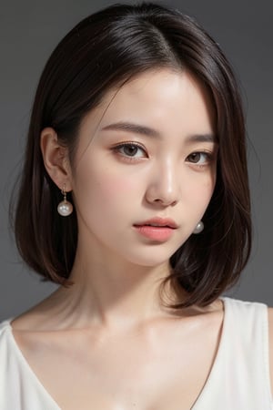 photorealistic, raw photo:1.2, hyperrealism, ultra high res, Best quality, masterpiece, 8k, realistic light, delicate facial features, 

An 18-year-old Korean woman,

Hair and Hairstyle
The person in the image is a young woman with dark brown hair that is neatly tied back in a low bun, giving her a polished and refined look. Her hair is parted slightly to the side, with a few loose strands framing her face, adding a touch of softness to her overall appearance.

Facial Features
Her face is oval-shaped with a smooth, fair complexion that appears flawless and radiant. She has large, almond-shaped eyes that are dark brown and expressive. Her eyelashes are long and accentuated with mascara, while her eyelids have a subtle hint of eyeliner, making her eyes stand out even more. Her eyebrows are well-groomed and slightly arched, complementing her facial features perfectly.

Expression and Makeup
Her nose is straight and well-proportioned, and her lips are full with a natural, light pink lipstick that enhances her youthful and fresh look. Her expression is serious and focused, giving the impression that she is deeply engaged or conveying something important.

Outfit and Accessories
She is wearing a beige blouse with an abstract pattern consisting of black, red, and white elements. The blouse has a high neckline and is buttoned up, adding to her sophisticated and elegant style. She accessorizes with small, delicate pearl earrings that dangle slightly, contributing to her overall polished appearance.

Lighting and Background
The lighting in the image is soft and even, highlighting her facial features without casting harsh shadows. The background is plain and unobtrusive, ensuring that the focus remains entirely on her.

Overall Mood
The overall mood of the image is calm, serious, and contemplative, suggesting that she is in the midst of a thoughtful conversation or presentation
