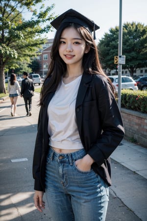 photorealistic, raw photo:1.2, hyperrealism, ultra high res, Best quality, masterpiece, 8k, realistic light, delicate facial features, 

(A 18-year-old Korean girl),

A college student on graduation day, wearing a graduation cap and smiling broadly. looking quite mature. She appears intelligent and intellectual,
full-body shot on a university campus street on graduation day with numerous students in the background, 

She is dressed in tight jeans and a tight white blouse, looking quite mature. 
