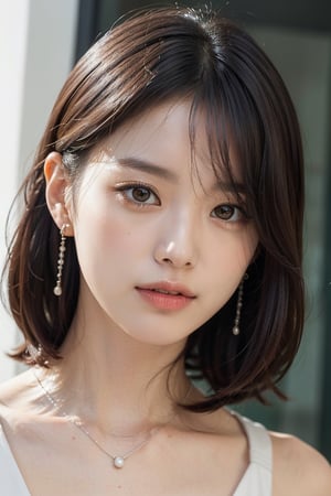 photorealistic, raw photo:1.2, hyperrealism, ultra high res, Best quality, masterpiece, 8k, realistic light, delicate facial features, 

An 18-year-old Korean woman,

Hair and Hairstyle
The person in the image is a young woman with dark brown hair that is neatly tied back in a low bun, giving her a polished and refined look. Her hair is parted slightly to the side, with a few loose strands framing her face, adding a touch of softness to her overall appearance.

Facial Features
Her face is oval-shaped with a smooth, fair complexion that appears flawless and radiant. She has large, almond-shaped eyes that are dark brown and expressive. Her eyelashes are long and accentuated with mascara, while her eyelids have a subtle hint of eyeliner, making her eyes stand out even more. Her eyebrows are well-groomed and slightly arched, complementing her facial features perfectly.

Expression and Makeup
Her nose is straight and well-proportioned, and her lips are full with a natural, light pink lipstick that enhances her youthful and fresh look. Her expression is serious and focused, giving the impression that she is deeply engaged or conveying something important.

Outfit and Accessories
She is wearing a beige blouse with an abstract pattern consisting of black, red, and white elements. The blouse has a high neckline and is buttoned up, adding to her sophisticated and elegant style. She accessorizes with small, delicate pearl earrings that dangle slightly, contributing to her overall polished appearance.

Lighting and Background
The lighting in the image is soft and even, highlighting her facial features without casting harsh shadows. The background is plain and unobtrusive, ensuring that the focus remains entirely on her.

Overall Mood
The overall mood of the image is calm, serious, and contemplative, suggesting that she is in the midst of a thoughtful conversation or presentation
