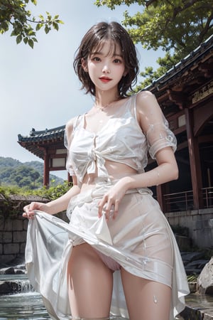 Beautiful realistic korean teen girl with short hair,wet with water, 
pulling up skirt and show her panty, transparent nightwear panty,(shot from below),bold pussy lips, cameltoe, 
wearing a korean school uniform,shoulder exposure, small breasts, untied wet transparent blouse, navy skirt, outdoors,
 stand on the stream, looking at the camera, using magic, bright smile, 8k masterpiece, ultra realistic, UHD, highly detailed, best quality,

skirt_lift,iu