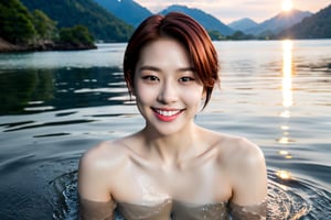 sexy smile, beautiful korean woman, ((naked)),wet body, short reddish hair, beautiful face, sensual look, big breasts, beautiful breasts, perfect smooth body, moonlight, light smile, bathing in the lake, looking at the viewer, natural effects,wonyounglorashy,yujinlorashy,taeyeonlorashy