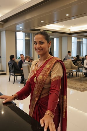 (wet clothes, wet hair, wet face, wet skin, water droplets) A cinematic image of an Indian woman standing at a luxurious reception desk, adorned in a traditional thin wet saree and wet long-sleeve thin cotton blouse, which are completely soaked. Her wet clothes cling to her body, highlighting the intricate patterns of the saree. Her long sleeve wet thin cotton blouse is sticking to her skin. Water droplets shimmer on her skin, and her wet hair is neatly tied back as she warmly greets a guest with a welcoming smile. looking straight, The reception area is elegant, with sleek furniture and soft lighting, creating a contrast between her wet appearance and the dry, polished surroundings. 4K, RAW, masterpiece, wetlook, soakingwetclothes, high fashion, high definition.
