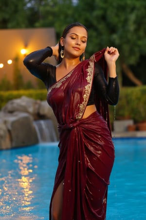 (wet clothes, wet hair, wet face, wet skin, water droplets) An image of an Indian woman preparing for a special event beside a luxurious swimming pool, completely drenched as she stands near the water's edge. She is wearing a stunning wet saree in deep burgundy adorned with intricate gold accents, elegantly draped to enhance her silhouette, paired with a tight, full-sleeve black blouse that clings to her figure. The water droplets glisten on her skin and the fabric, adding an alluring touch to her attire. The woman stands confidently, her head tilted back slightly, enjoying the refreshing ambiance. Surrounding her are lush greenery and soft, ambient lighting from nearby poolside lamps that reflect off the water, enhancing the serene atmosphere. The warm light creates a soft glow, capturing the beauty of the scene and the elegance of her preparation. 4K, RAW, masterpiece, soakingwetclothes, wetlook, high definition, wet fashion photography, poolside setting, indulgent atmosphere, graceful pose.