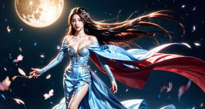 Best quality, high resolution, 8k, realistic and sharp focus,(((Full body;1.3))),Woman in sexy white and light blue red dress with tight and deep cleavage created by famous artist ,Space Sky, The moon, wind blowing, dark mode, a swaying dress, a woman, two people in one frame with very intricate details, fantastic feathers, vibrant colors, a garden covered in gypsophila and roses, this is a fascinating and visually stunning piece of fractal art. A formal artistic quality with strong aesthetic appeal. 4K high-resolution rendering, beautiful face, beautiful eyes, flames, flower petals blowing in the wind, hair blowing in the wind dress, body facing forward, Korean girl with a beautiful body, 20 years old, Go Yun-jung,